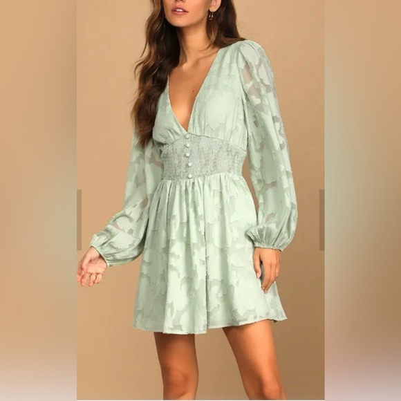 Lulus Dresses & Skirts - Lulu's Mint Green Long Sleeve Smock Waist Mini Dress